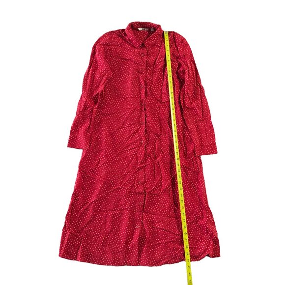 Uniqlo Dress Womens Sz XS Red and White Dots Midi Long Sleeve Button Front Shirt - Picture 3 of 9